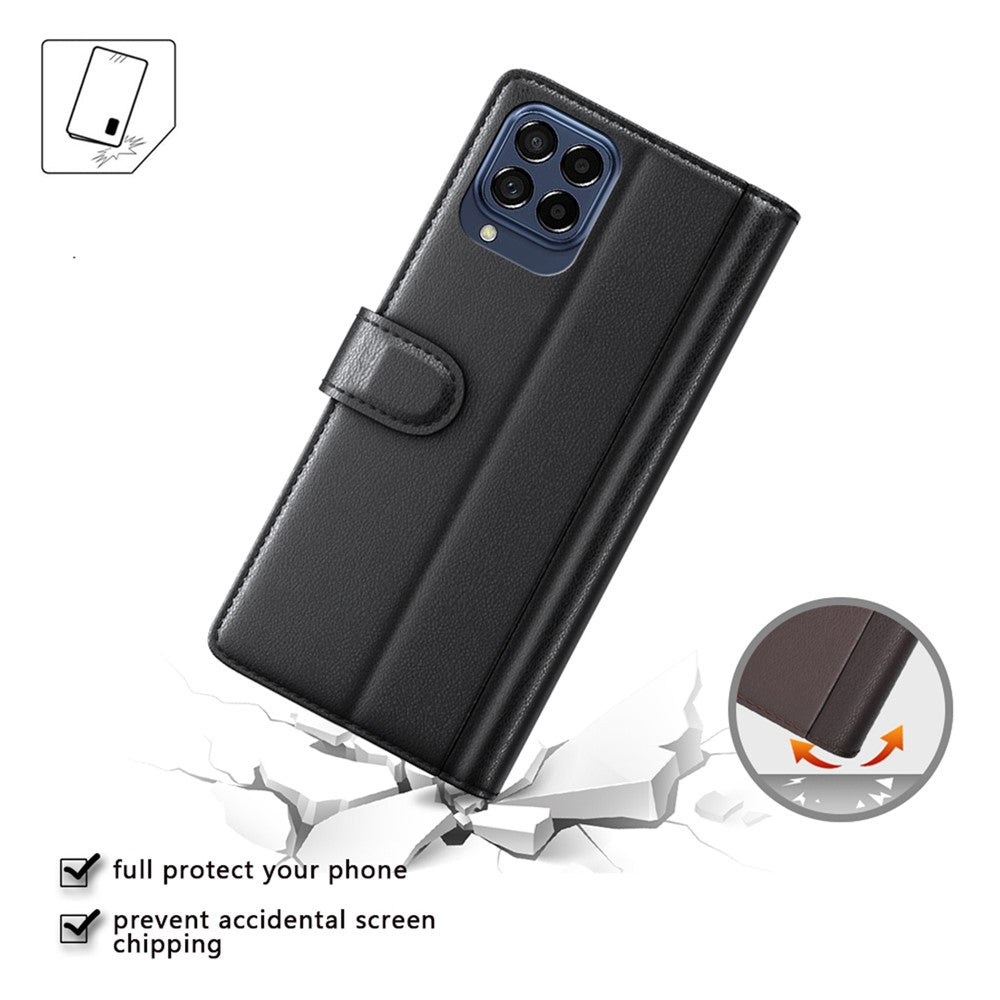 For Samsung Galaxy M53 5G Case Genuine Split Leather Phone Cover with Wallet Stand - Black