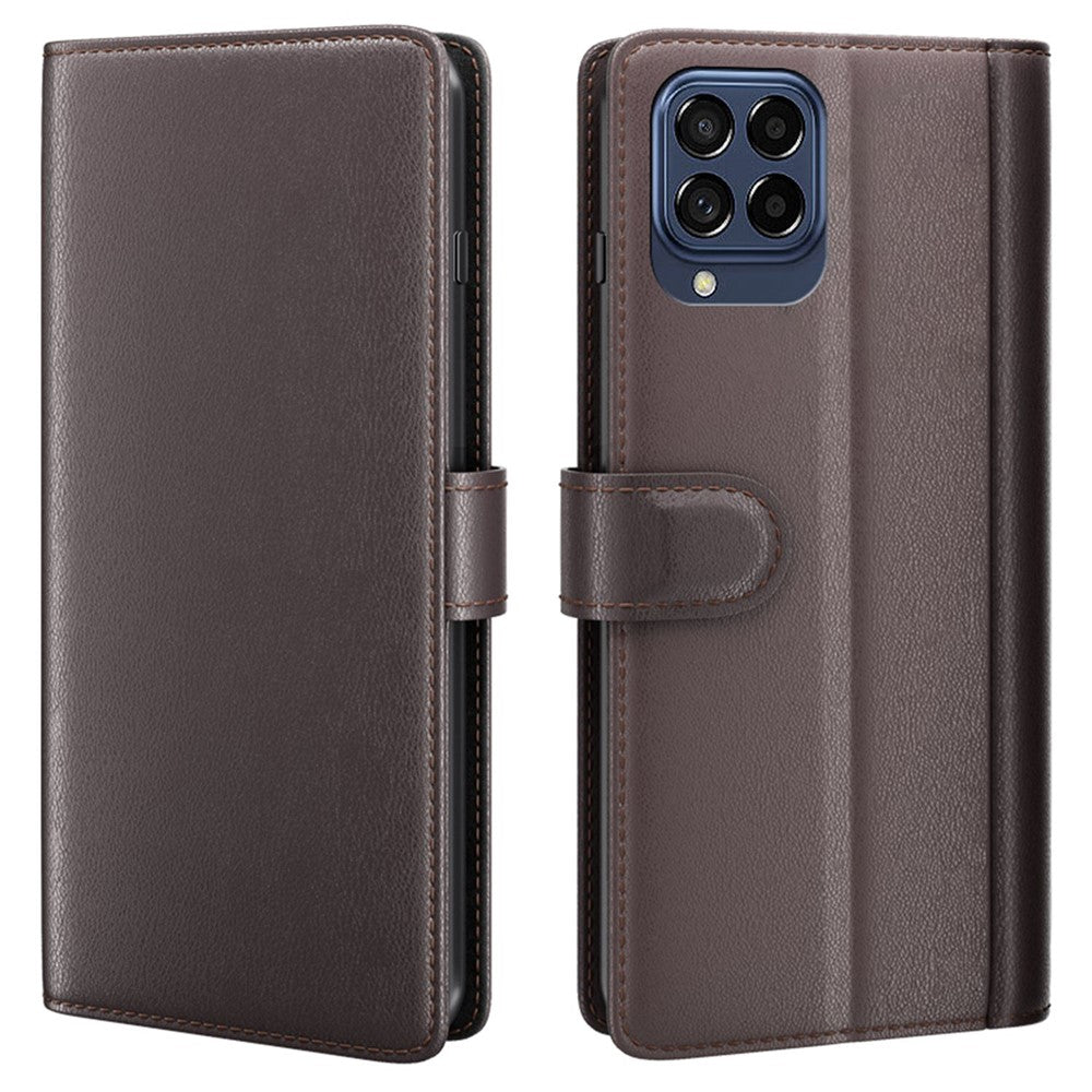 For Samsung Galaxy M53 5G Case Genuine Split Leather Phone Cover with Wallet Stand - Brown