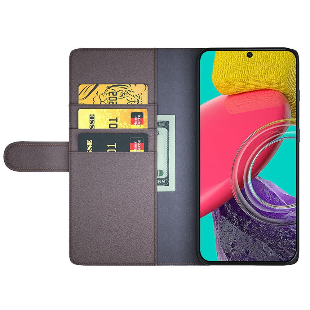 For Samsung Galaxy M53 5G Case Genuine Split Leather Phone Cover with Wallet Stand - Brown