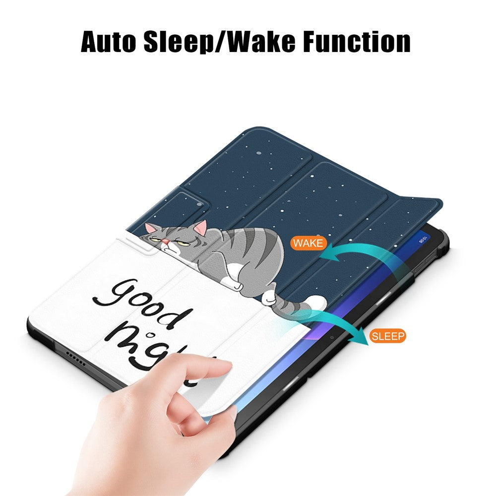 For Lenovo Tab M10 Plus (3rd Gen) / Xiaoxin Pad 2022 10.6 inch 125FTB-128F Trifold Stand Case Pattern Printing PU Leather Smart Cover - Good Night Cat