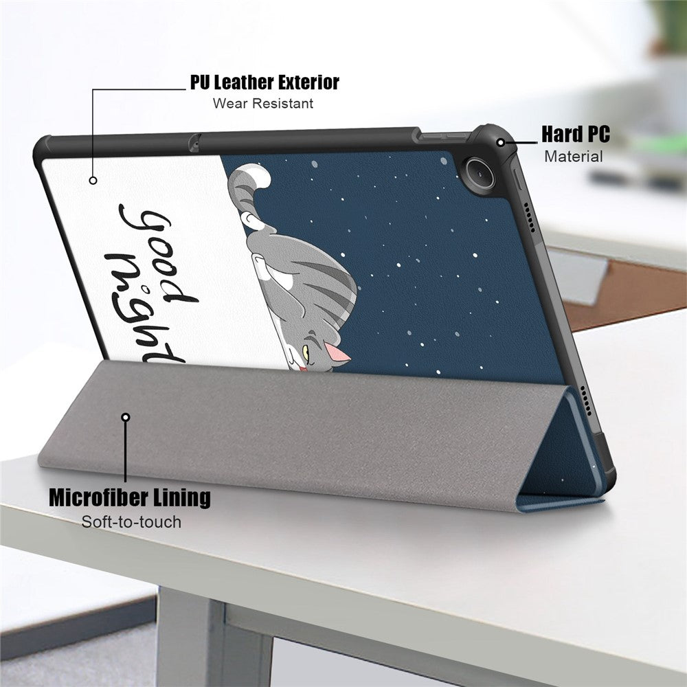 For Lenovo Tab M10 Plus (3rd Gen) / Xiaoxin Pad 2022 10.6 inch 125FTB-128F Trifold Stand Case Pattern Printing PU Leather Smart Cover - Good Night Cat