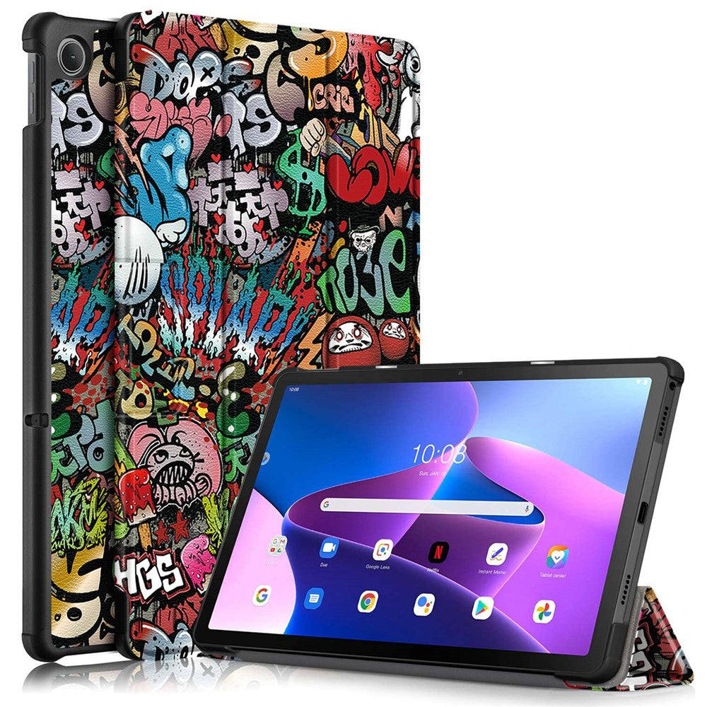 For Lenovo Tab M10 Plus (3rd Gen) / Xiaoxin Pad 2022 10.6 inch 125FTB-128F Trifold Stand Case Pattern Printing PU Leather Smart Cover - Graffiti