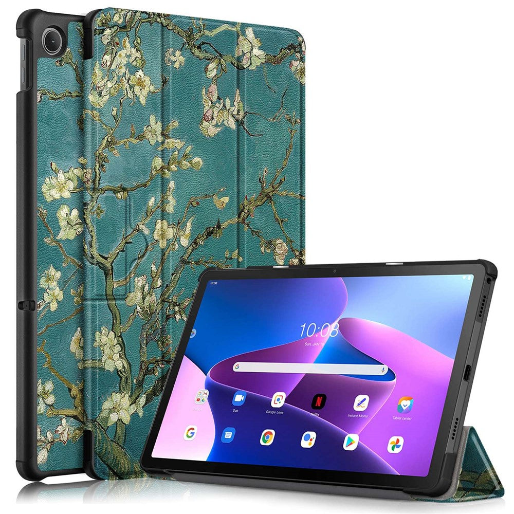For Lenovo Tab M10 Plus (3rd Gen) / Xiaoxin Pad 2022 10.6 inch 125FTB-128F Trifold Stand Case Pattern Printing PU Leather Smart Cover - Apricot Flower