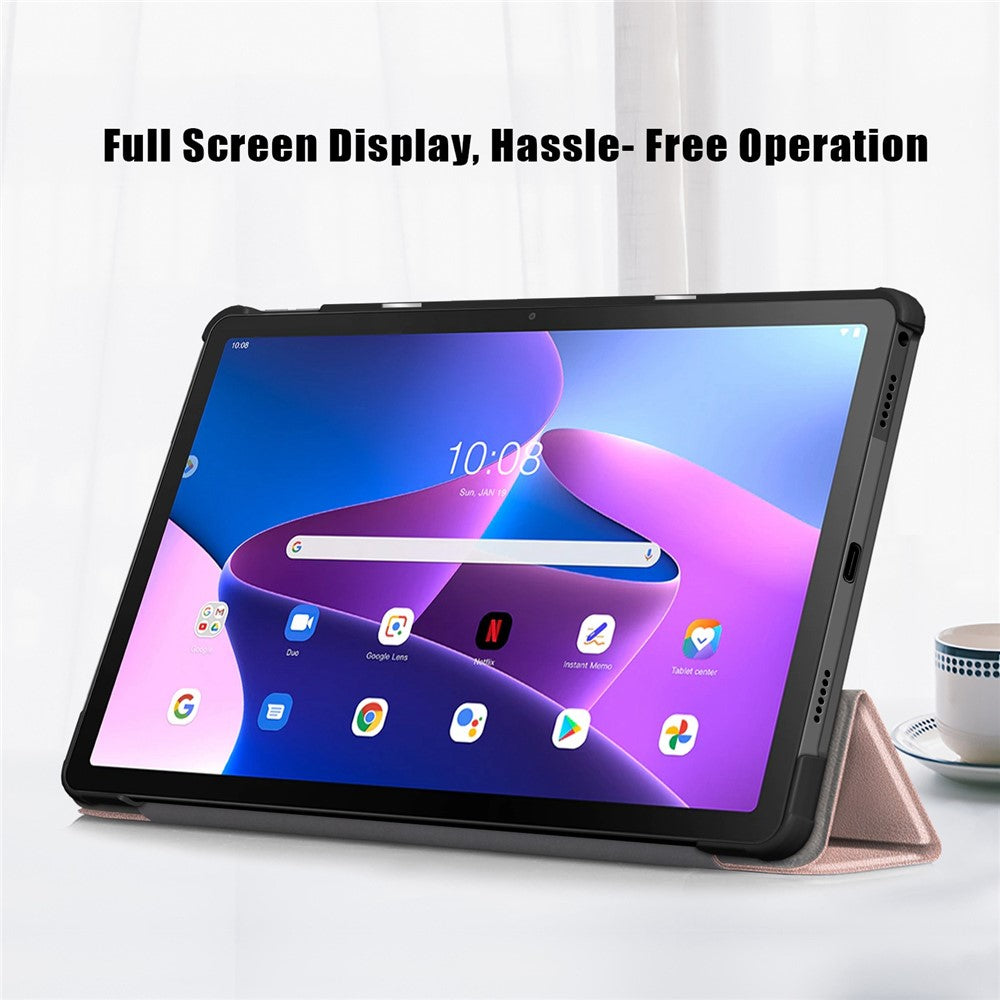 Tablet Covering Shell for Lenovo Tab M10 Plus (3rd Gen) / Xiaoxin Pad 2022 10.6 inch 125FTB-128F PC+PU Leather Trifold Stand Tablet Case - Rose Gold