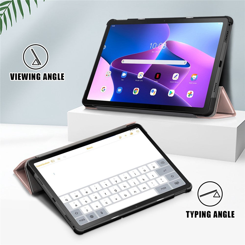 Tablet Covering Shell for Lenovo Tab M10 Plus (3rd Gen) / Xiaoxin Pad 2022 10.6 inch 125FTB-128F PC+PU Leather Trifold Stand Tablet Case - Rose Gold