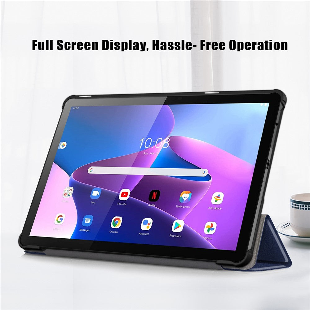 For Lenovo Tab M10 (Gen 3) 10.1-inch 328F Trifold Stand Tablet Case Microfiber Leather Auto Wake/Sleep Magnetic Closure Anti-scratch Protective Cover - Dark Blue