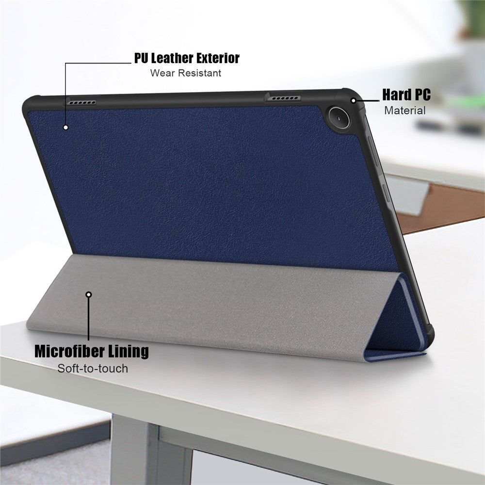 For Lenovo Tab M10 (Gen 3) 10.1-inch 328F Trifold Stand Tablet Case Microfiber Leather Auto Wake/Sleep Magnetic Closure Anti-scratch Protective Cover - Dark Blue