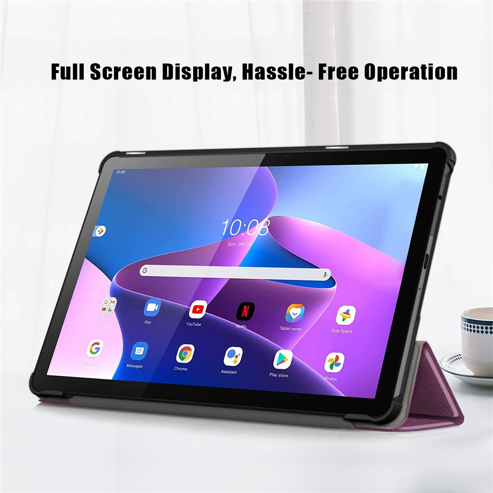 For Lenovo Tab M10 (Gen 3) 10.1-inch 328F Trifold Stand Tablet Case Microfiber Leather Auto Wake/Sleep Magnetic Closure Anti-scratch Protective Cover - Purple