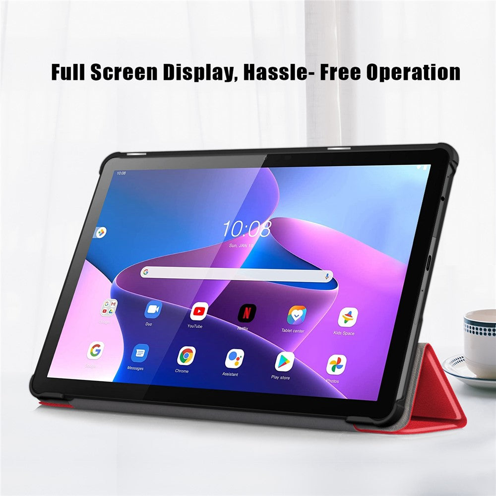 For Lenovo Tab M10 (Gen 3) 10.1-inch 328F Trifold Stand Tablet Case Microfiber Leather Auto Wake/Sleep Magnetic Closure Anti-scratch Protective Cover - Red