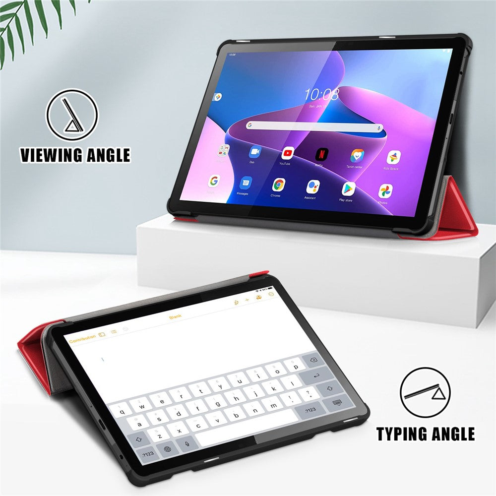 For Lenovo Tab M10 (Gen 3) 10.1-inch 328F Trifold Stand Tablet Case Microfiber Leather Auto Wake/Sleep Magnetic Closure Anti-scratch Protective Cover - Red