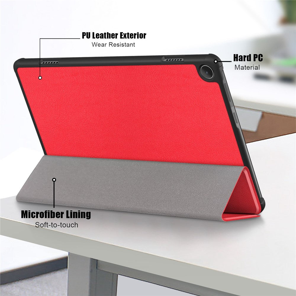 For Lenovo Tab M10 (Gen 3) 10.1-inch 328F Trifold Stand Tablet Case Microfiber Leather Auto Wake/Sleep Magnetic Closure Anti-scratch Protective Cover - Red