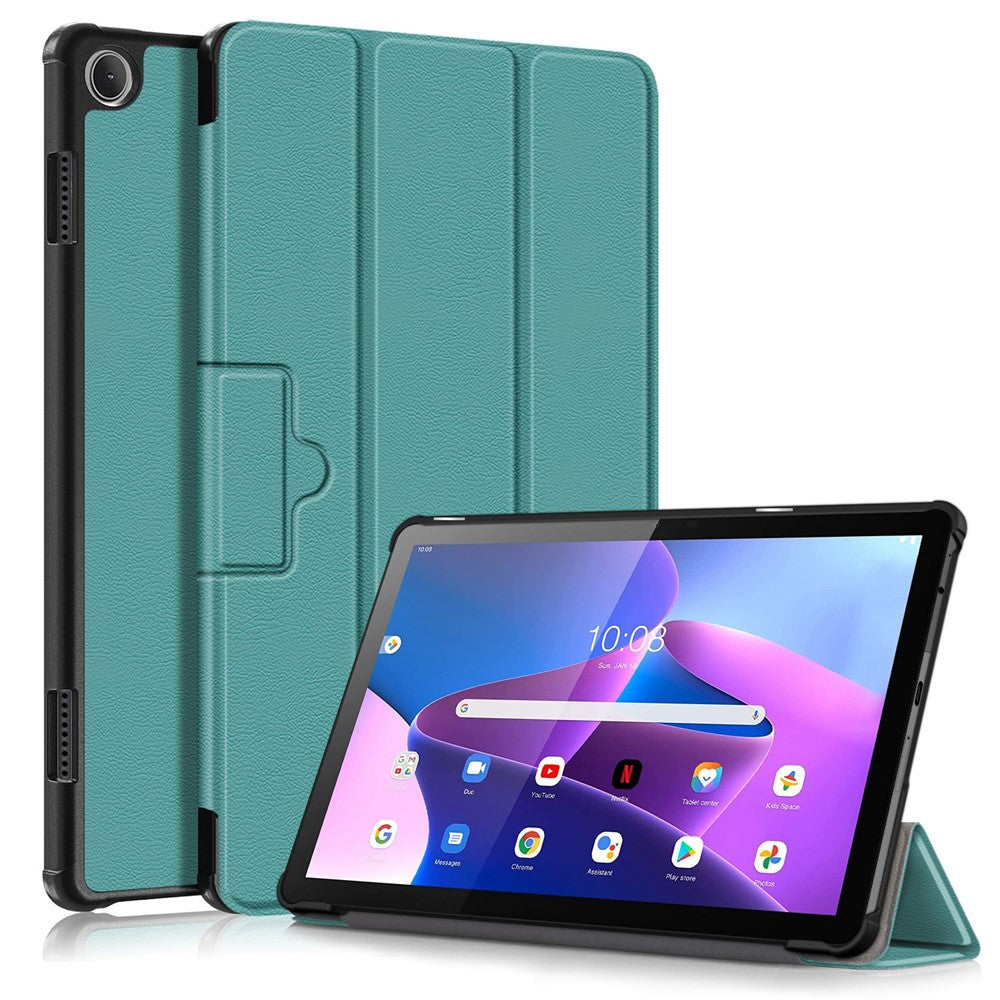 For Lenovo Tab M10 (Gen 3) 10.1-inch 328F Trifold Stand Tablet Case Microfiber Leather Auto Wake/Sleep Magnetic Closure Anti-scratch Protective Cover - Blackish Green