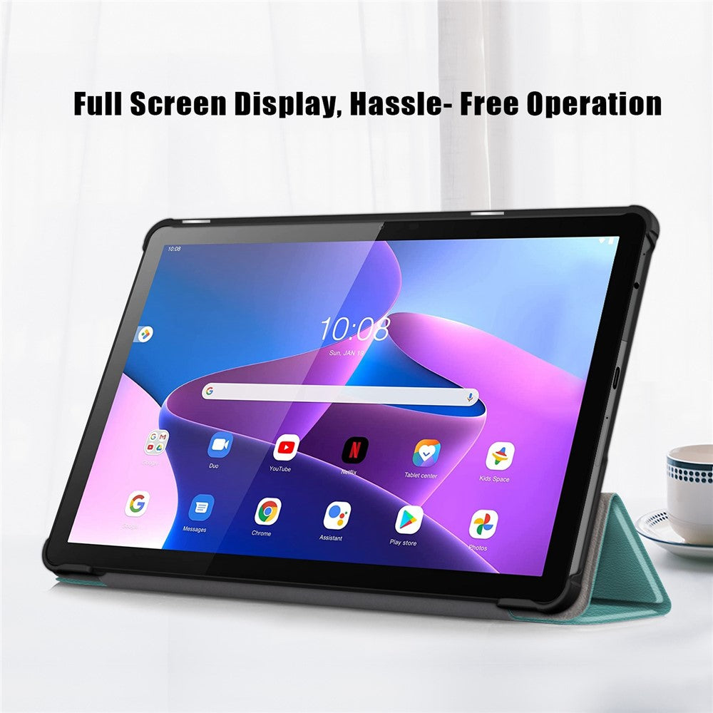 For Lenovo Tab M10 (Gen 3) 10.1-inch 328F Trifold Stand Tablet Case Microfiber Leather Auto Wake/Sleep Magnetic Closure Anti-scratch Protective Cover - Blackish Green