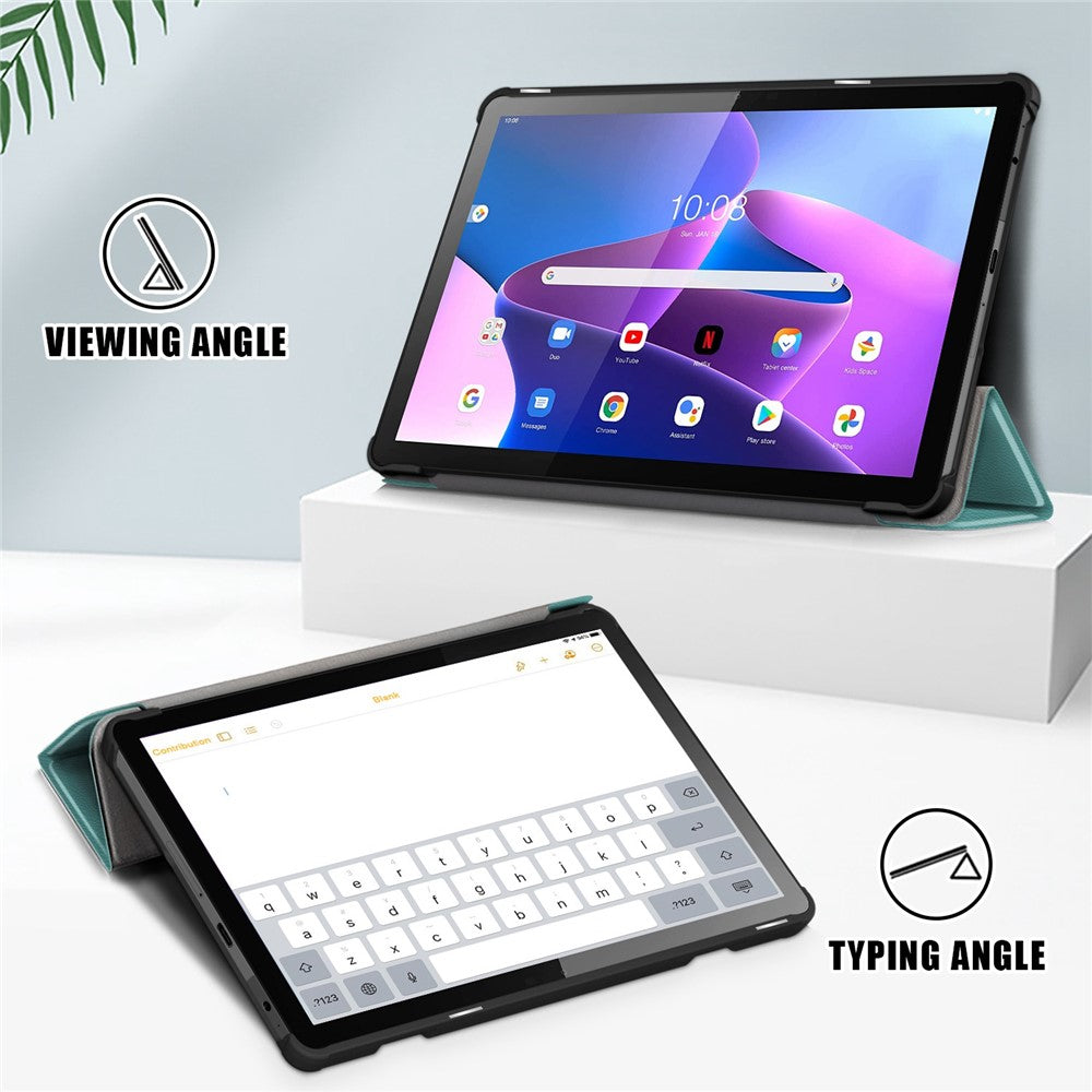 For Lenovo Tab M10 (Gen 3) 10.1-inch 328F Trifold Stand Tablet Case Microfiber Leather Auto Wake/Sleep Magnetic Closure Anti-scratch Protective Cover - Blackish Green