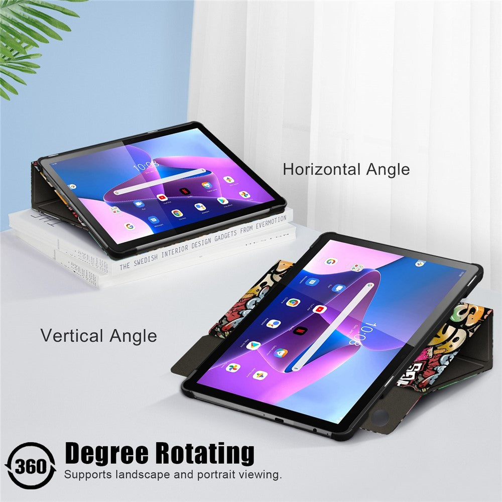 For Lenovo Tab M10 (Gen 3) 10.1 inch 328F 360-degree Rotary Stand Function Pattern Printing PU Leather Tablet Case with Auto Wake/Sleep - Graffiti