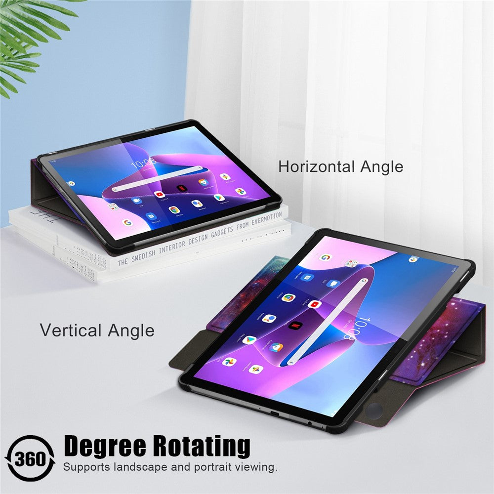 For Lenovo Tab M10 (Gen 3) 10.1 inch 328F 360-degree Rotary Stand Function Pattern Printing PU Leather Tablet Case with Auto Wake/Sleep - Galaxy