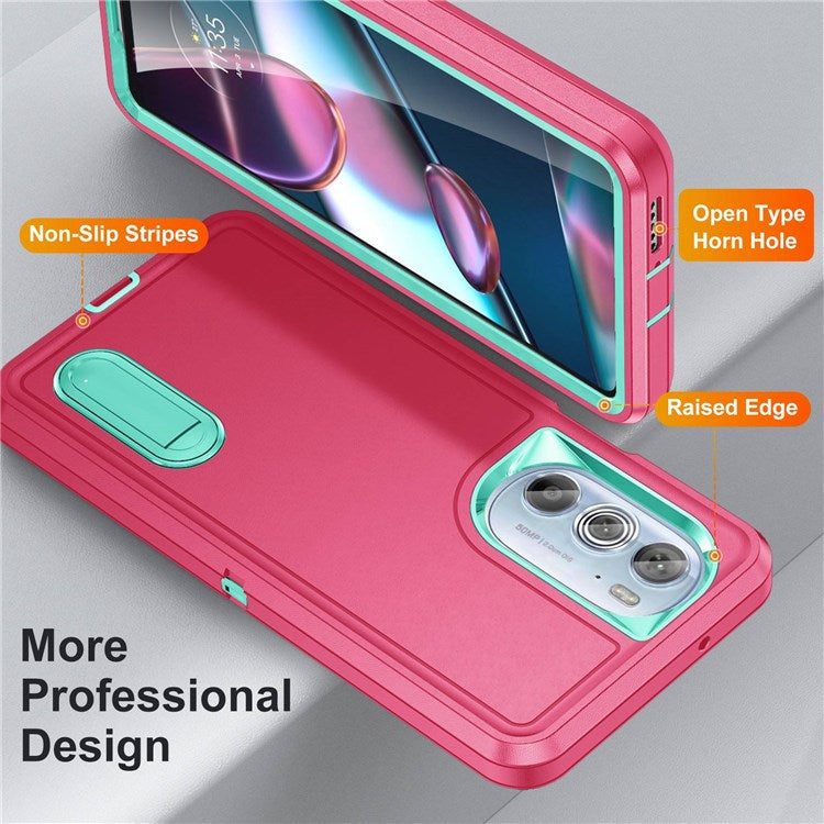 For Motorola Edge 30 Pro (Motorola Edge+ (2022)) Defender Series Hard PC + Soft TPU Kickstand Case Anti-drop Phone Cover - Rose/Light Cyan
