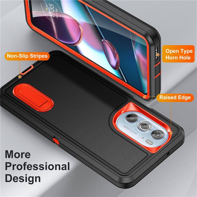 For Motorola Edge 30 Pro (Motorola Edge+ (2022)) Defender Series Hard PC + Soft TPU Kickstand Case Anti-drop Phone Cover - Black/Orange