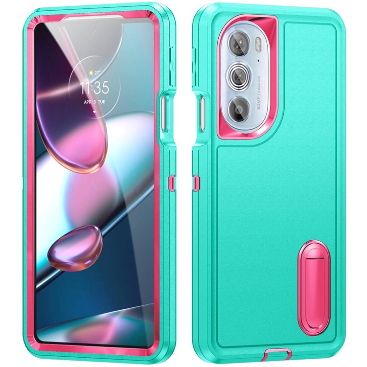 For Motorola Edge 30 Pro (Motorola Edge+ (2022)) Defender Series Hard PC + Soft TPU Kickstand Case Anti-drop Phone Cover - Light Cyan/Rose