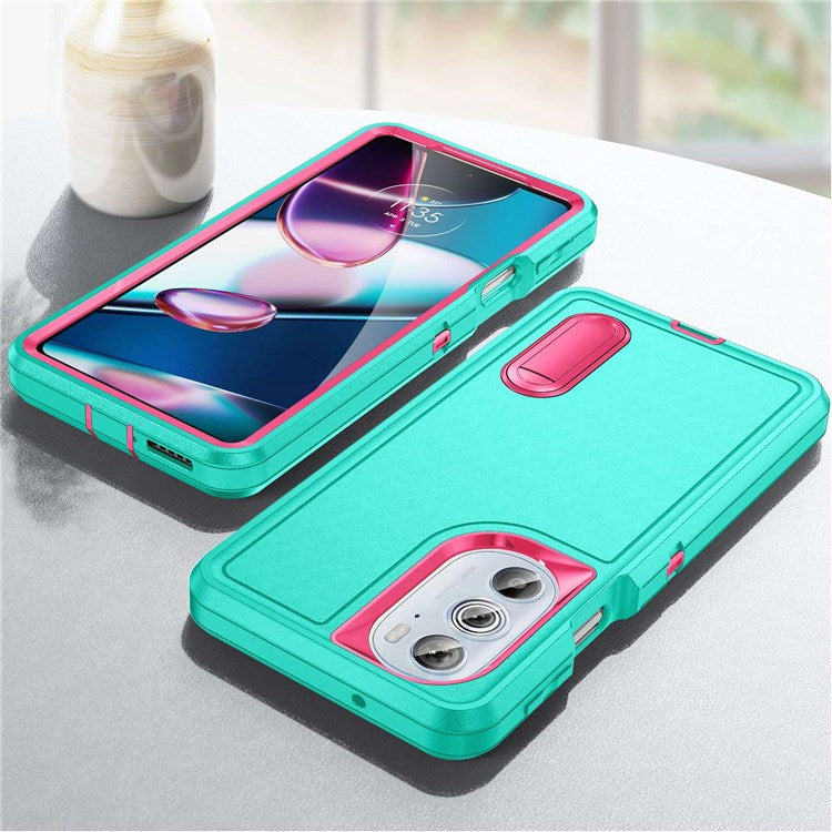 For Motorola Edge 30 Pro (Motorola Edge+ (2022)) Defender Series Hard PC + Soft TPU Kickstand Case Anti-drop Phone Cover - Light Cyan/Rose