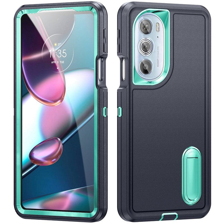 For Motorola Edge 30 Pro (Motorola Edge+ (2022)) Defender Series Hard PC + Soft TPU Kickstand Case Anti-drop Phone Cover - Dark Blue/Light Cyan