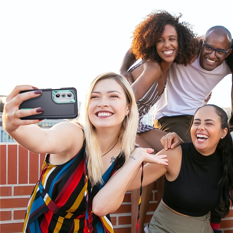 For Motorola Edge 30 Pro (Motorola Edge+ (2022)) Defender Series Hard PC + Soft TPU Kickstand Case Anti-drop Phone Cover - Dark Blue/Light Cyan