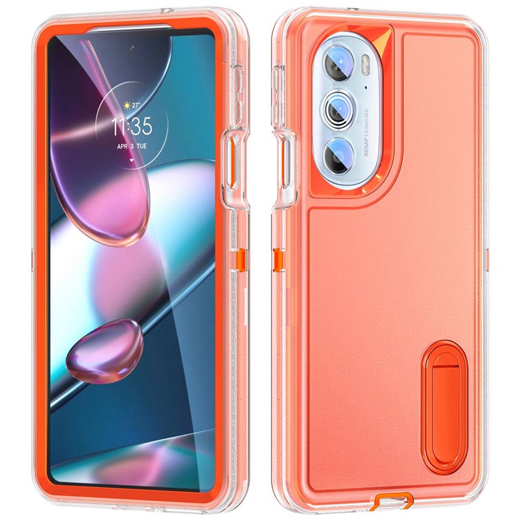 For Motorola Edge 30 Pro (Motorola Edge+ (2022)) Defender Series Hard PC + Soft TPU Kickstand Case Anti-drop Phone Cover - Transparent/Orange