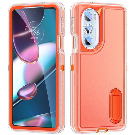 For Motorola Edge 30 Pro (Motorola Edge+ (2022)) Defender Series Hard PC + Soft TPU Kickstand Case Anti-drop Phone Cover - Transparent/Orange