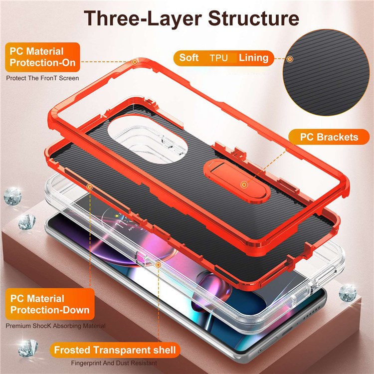 For Motorola Edge 30 Pro (Motorola Edge+ (2022)) Defender Series Hard PC + Soft TPU Kickstand Case Anti-drop Phone Cover - Transparent/Orange