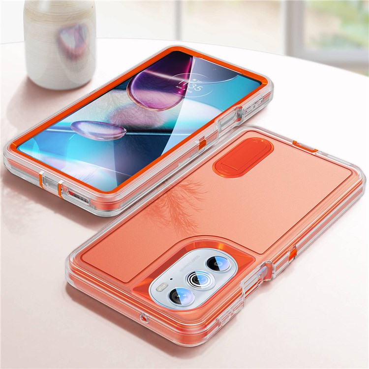 For Motorola Edge 30 Pro (Motorola Edge+ (2022)) Defender Series Hard PC + Soft TPU Kickstand Case Anti-drop Phone Cover - Transparent/Orange