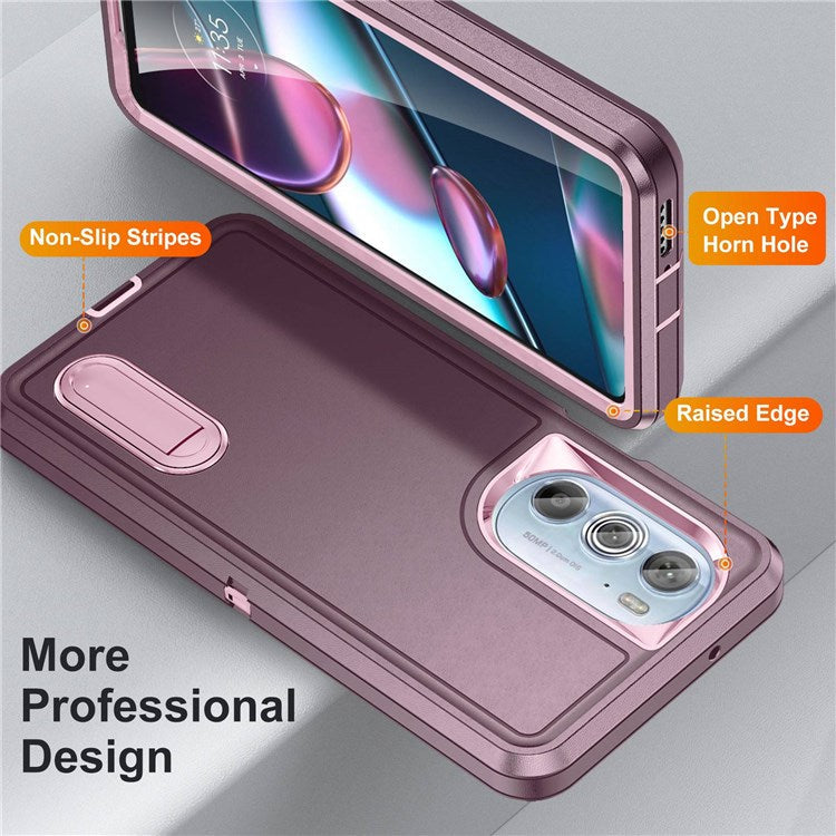 For Motorola Edge 30 Pro (Motorola Edge+ (2022)) Defender Series Hard PC + Soft TPU Kickstand Case Anti-drop Phone Cover - Purplish Red/Pink