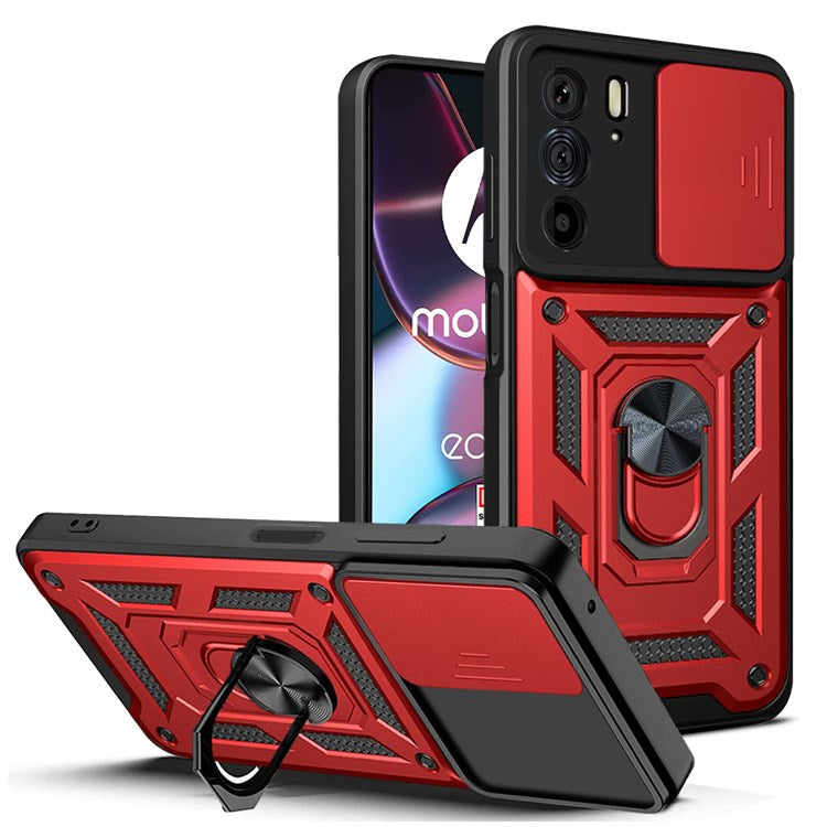 For Motorola Edge X30 / Edge 30 Pro (Motorola Edge+ (2022)) Anti-scratch Slide Camera Cover Hard PC + TPU Ring Kickstand Case Anti-drop Phone Shell - Red