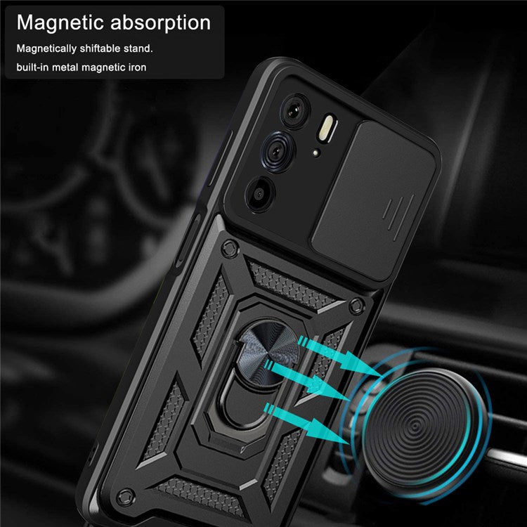 For Motorola Edge X30 / Edge 30 Pro (Motorola Edge+ (2022)) Anti-scratch Slide Camera Cover Hard PC + TPU Ring Kickstand Case Anti-drop Phone Shell - Blue
