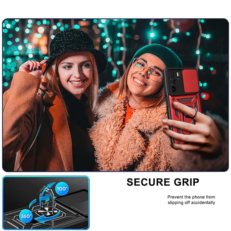 For Motorola Edge X30 / Edge 30 Pro (Motorola Edge+ (2022)) Anti-scratch Slide Camera Cover Hard PC + TPU Ring Kickstand Case Anti-drop Phone Shell - Blue