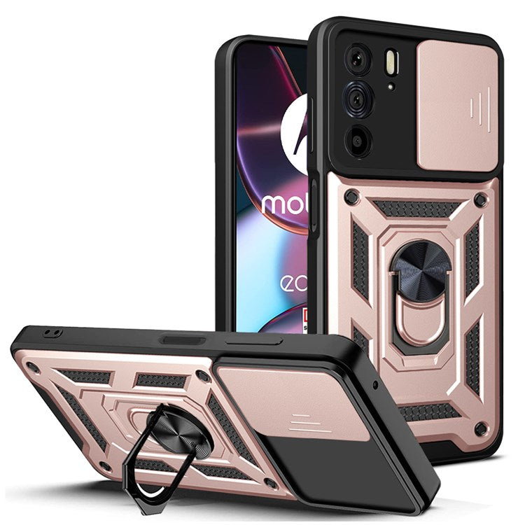 For Motorola Edge X30 / Edge 30 Pro (Motorola Edge+ (2022)) Anti-scratch Slide Camera Cover Hard PC + TPU Ring Kickstand Case Anti-drop Phone Shell - Rose Gold