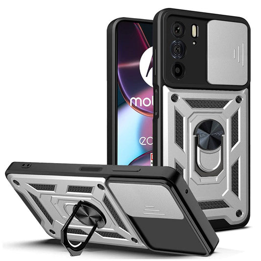 For Motorola Edge X30 / Edge 30 Pro (Motorola Edge+ (2022)) Anti-scratch Slide Camera Cover Hard PC + TPU Ring Kickstand Case Anti-drop Phone Shell - Silver