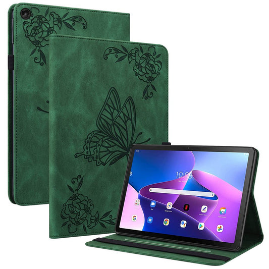 Butterfly Flower Imprinted Tablet Case for Lenovo Tab M10 (Gen 3), PU Leather Stand Card Holder Protective Cover - Green