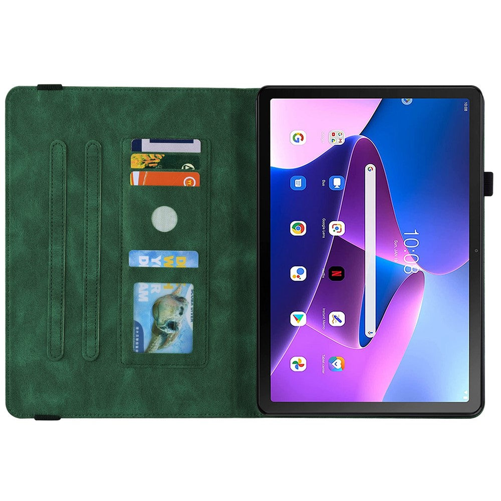 Butterfly Flower Imprinted Tablet Case for Lenovo Tab M10 (Gen 3), PU Leather Stand Card Holder Protective Cover - Green