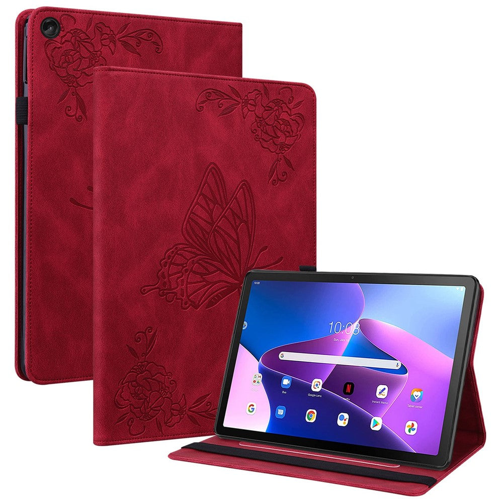 Butterfly Flower Imprinted Tablet Case for Lenovo Tab M10 (Gen 3), PU Leather Stand Card Holder Protective Cover - Red