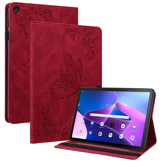 Butterfly Flower Imprinted Tablet Case for Lenovo Tab M10 (Gen 3), PU Leather Stand Card Holder Protective Cover - Red