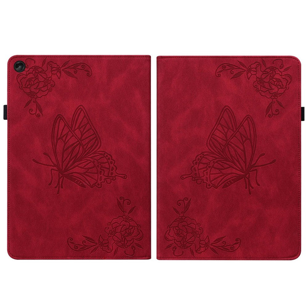Butterfly Flower Imprinted Tablet Case for Lenovo Tab M10 (Gen 3), PU Leather Stand Card Holder Protective Cover - Red