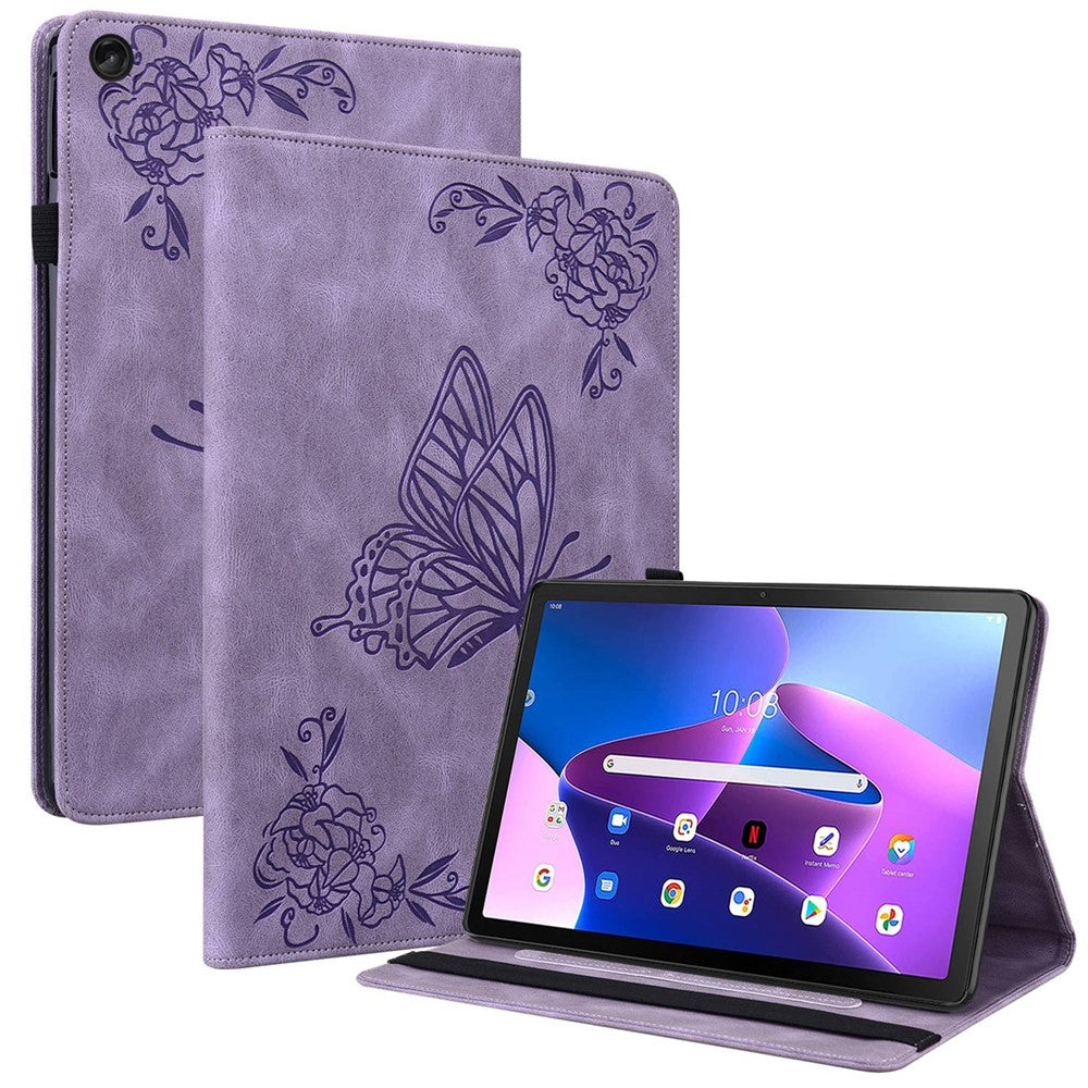 Butterfly Flower Imprinted Tablet Case for Lenovo Tab M10 (Gen 3), PU Leather Stand Card Holder Protective Cover - Purple
