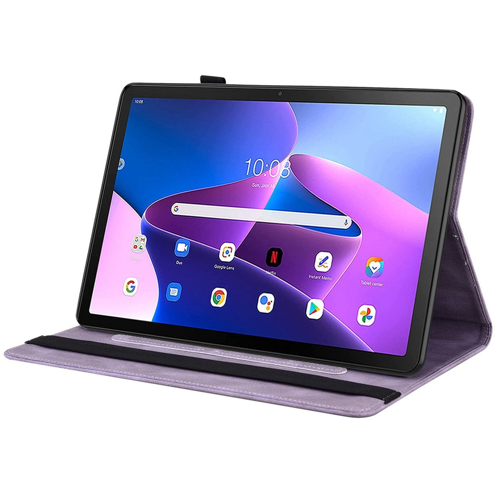 Butterfly Flower Imprinted Tablet Case for Lenovo Tab M10 (Gen 3), PU Leather Stand Card Holder Protective Cover - Purple