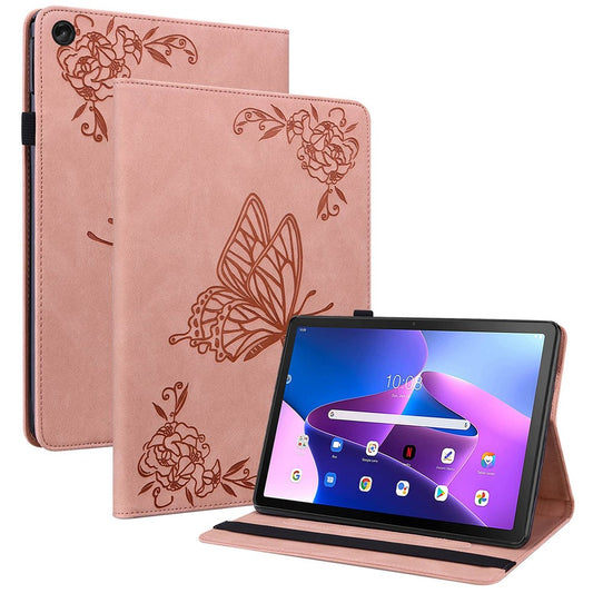 Butterfly Flower Imprinted Tablet Case for Lenovo Tab M10 (Gen 3), PU Leather Stand Card Holder Protective Cover - Pink