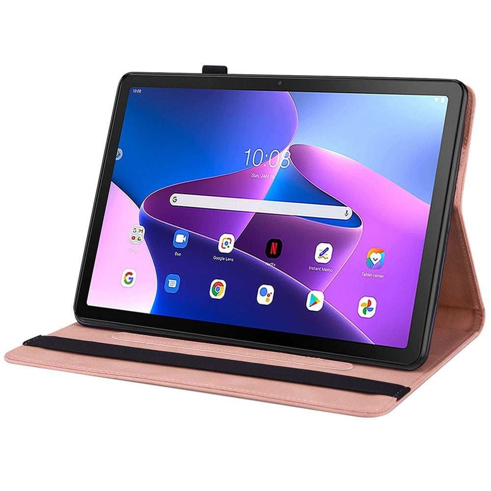 Butterfly Flower Imprinted Tablet Case for Lenovo Tab M10 (Gen 3), PU Leather Stand Card Holder Protective Cover - Pink