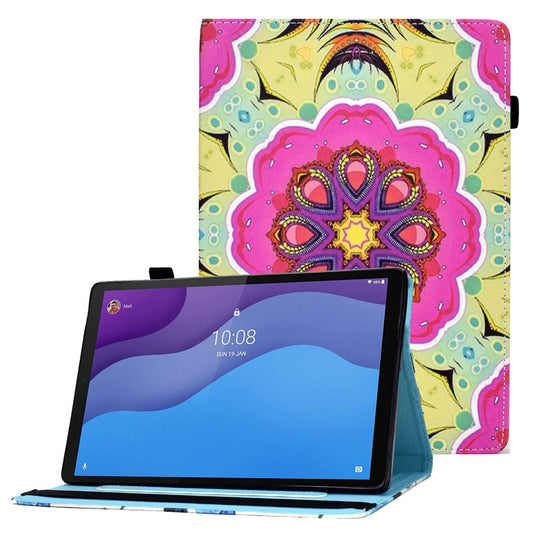 For Lenovo Tab M10 (Gen 3) TB-328FU / TB-328XU Pattern Printing Leather Stand Protective Case Card Slots Smart Cover with Elastic Band and Pencil Holder - Pink Mandala
