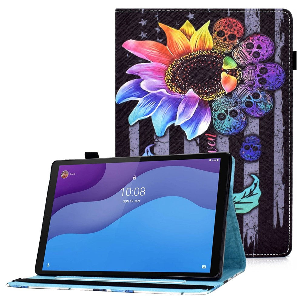 For Lenovo Tab M10 (Gen 3) TB-328FU / TB-328XU Pattern Printing Leather Stand Protective Case Card Slots Smart Cover with Elastic Band and Pencil Holder - Sunflower