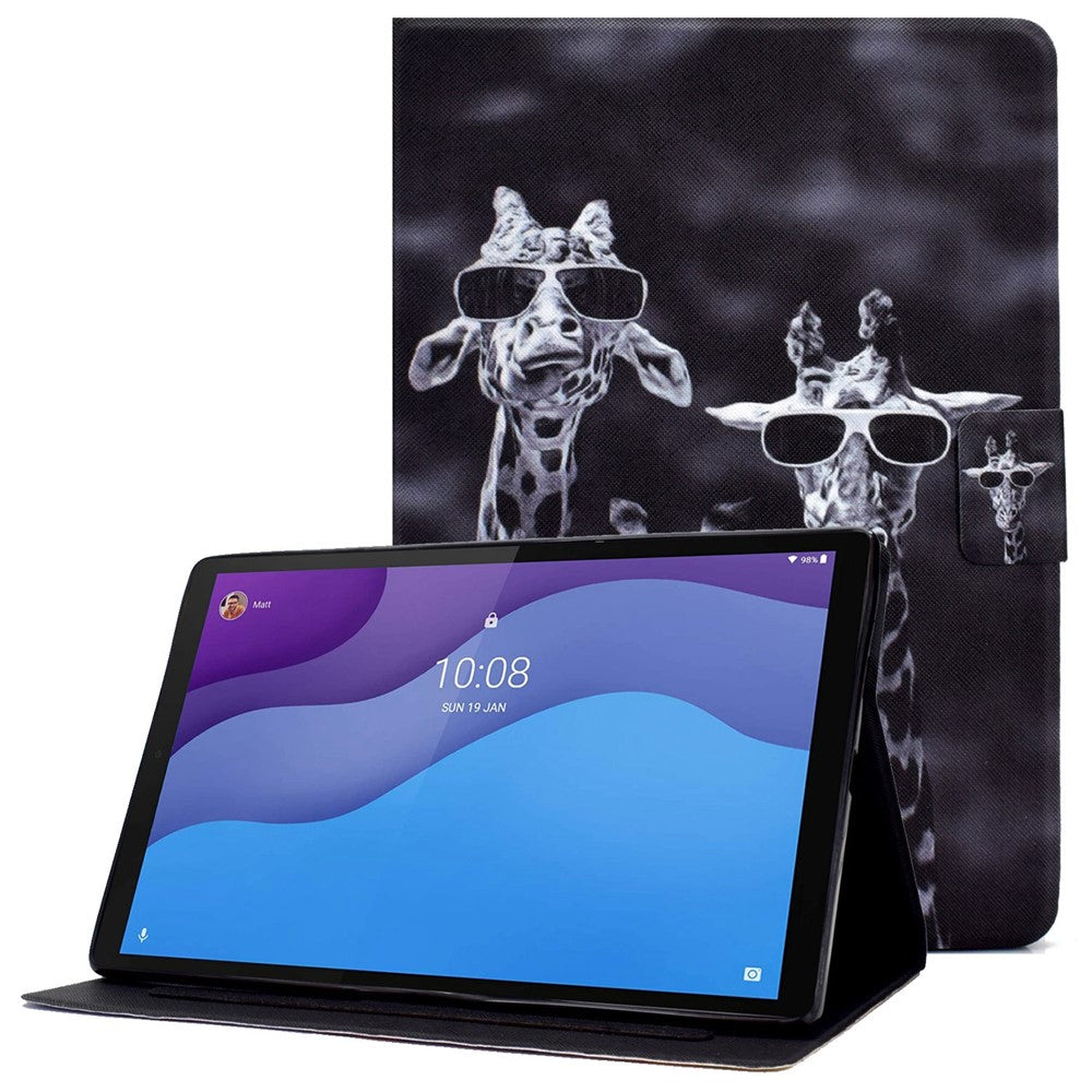 For Lenovo Tab M10 (Gen 3) TB-328FU / TB-328XU B1 Pattern Printing Stand PU Leather Folio Case Card Slots Smart Auto Wake / Sleep Shell with Pencil Holder - Three Giraffes