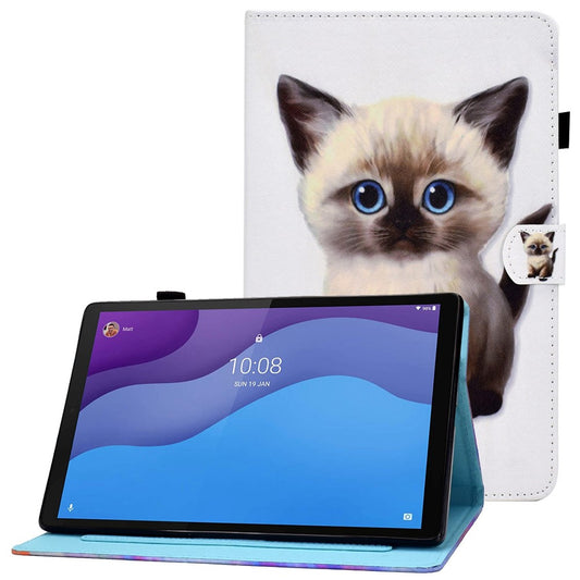 For Lenovo Tab M10 (Gen 3) TB-328FU / TB-328XU A2 Pattern Printing PU Leather Case Adjustable Stand Protection Smart Cover with Card Slots and Pencil Holder - Cat