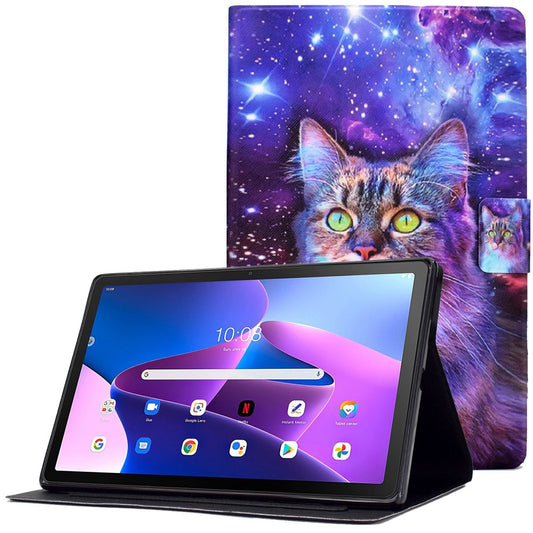 PU Leather Tablet Case for Lenovo Tab M10 (Gen 3) TB-328FU / TB-328XU, Pattern Printing Card Holder Shockproof Cover with Adjustable Stand - Starry Sky / Cat